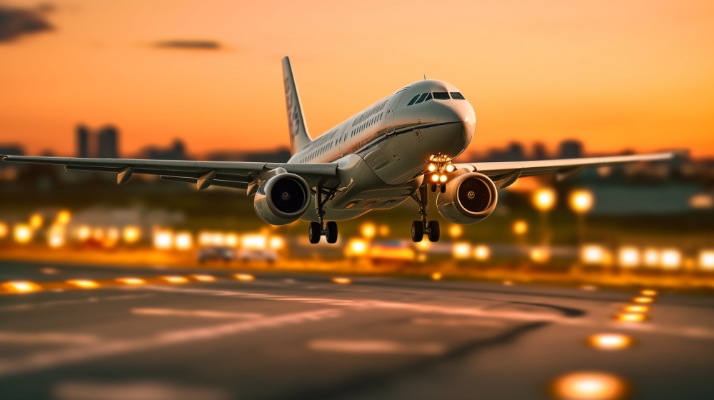 千库网_一架飞机在黄昏从跑道起飞_摄影图编号4280102